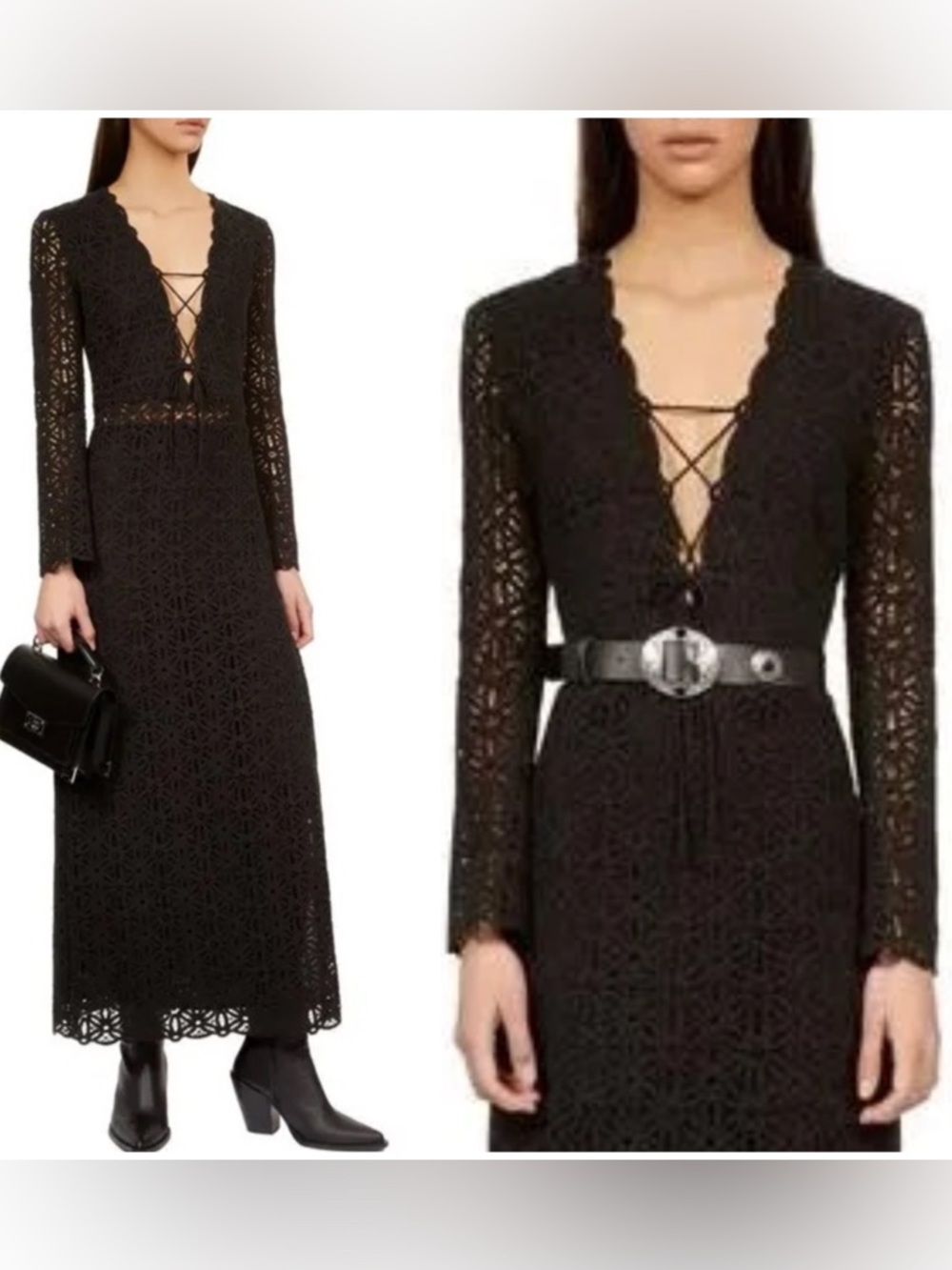 The Kooples Black Lace-Up Crochet Lined Side Slit Maxi Dress NWT $575